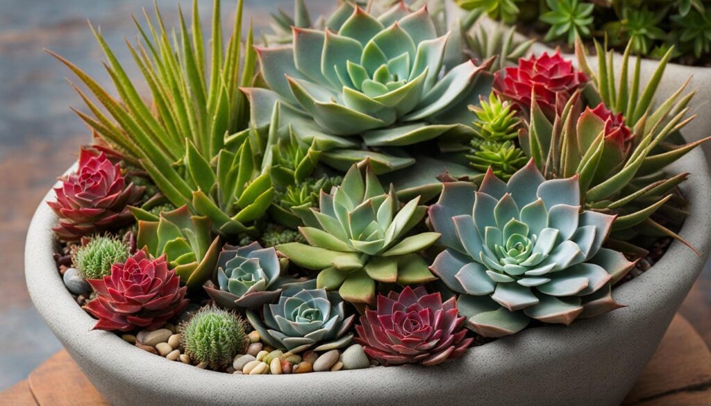 a large container for displaying a number of succulents