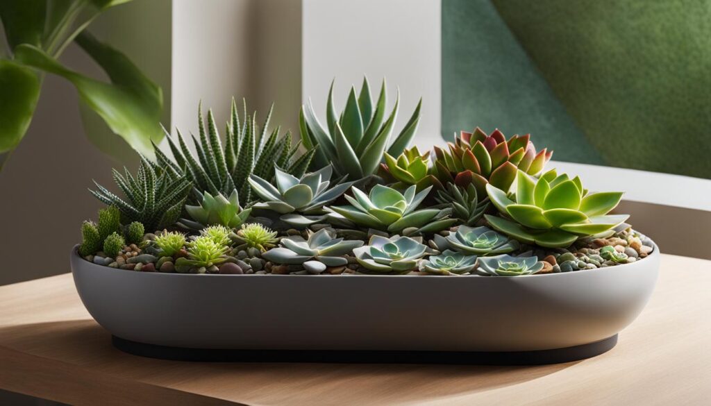 indoor succulent garden mounded in a large oval container with multi-colored pebbles