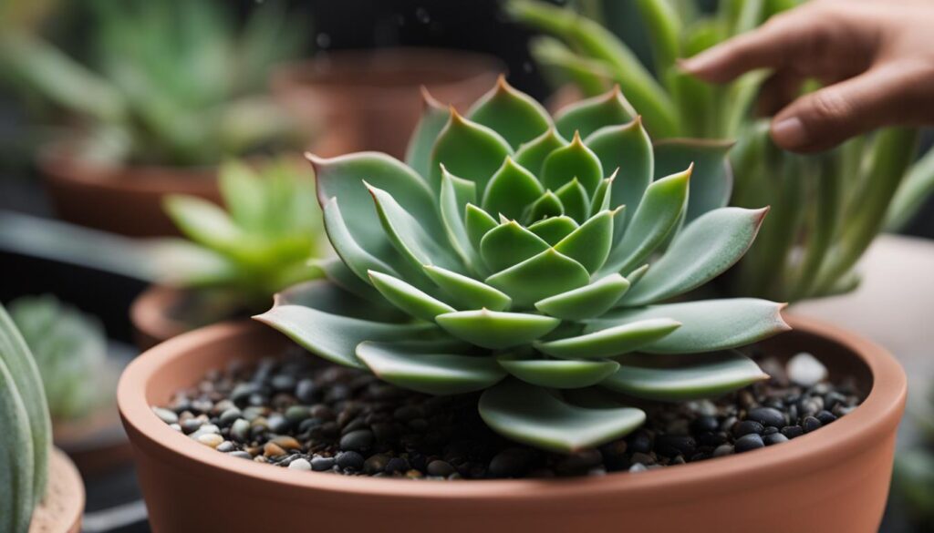 succulent care tips of this E. Purple Butterfly succulent in i clay container with pebbles