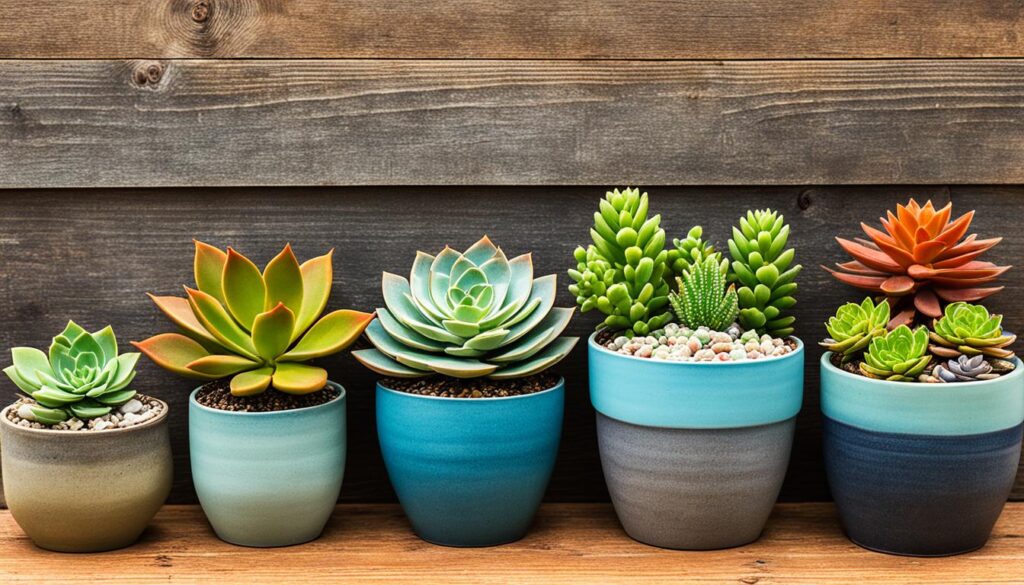 a variety of sizes and colors of succulent containers with different varieties of succulents