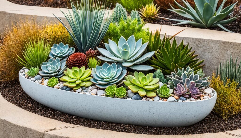 sustainable succulent gardening in a beautiful white container and a multi-colored gravel medium.