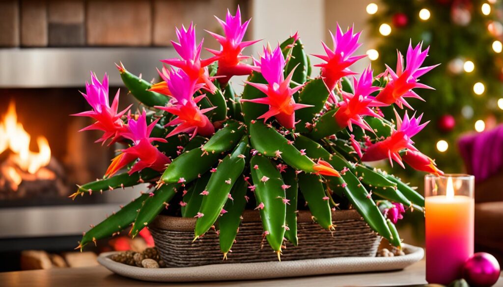 Christmas cactus displayed in a warm home setting in a brown wicker basket.