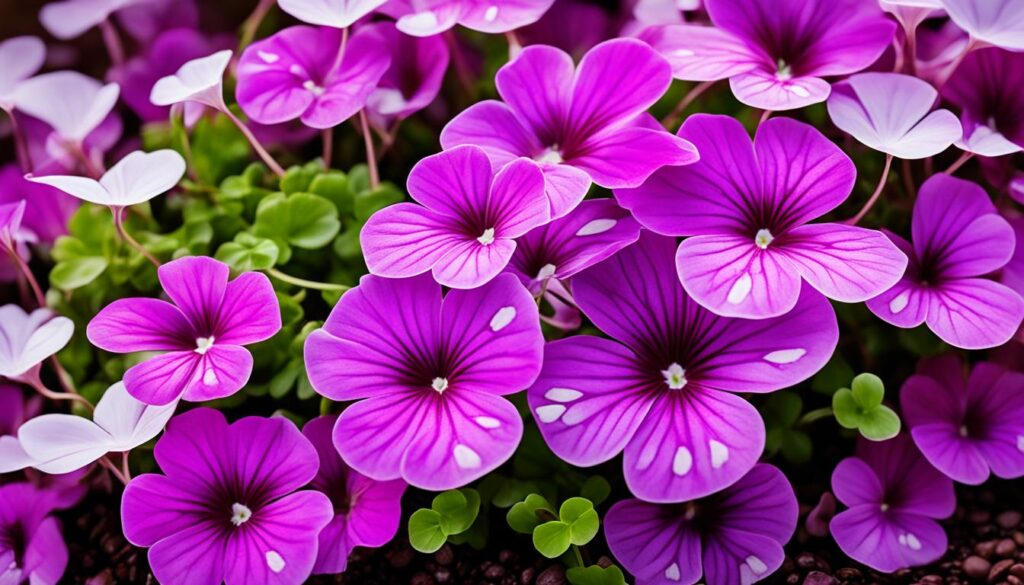 Oxalis varieties in a garden display with brown pebble medium