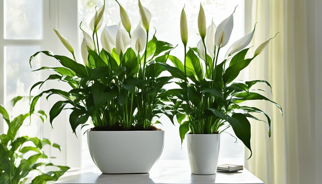 Peace lilies- the majestic looking peace lily dispayed on 2 different white containers.