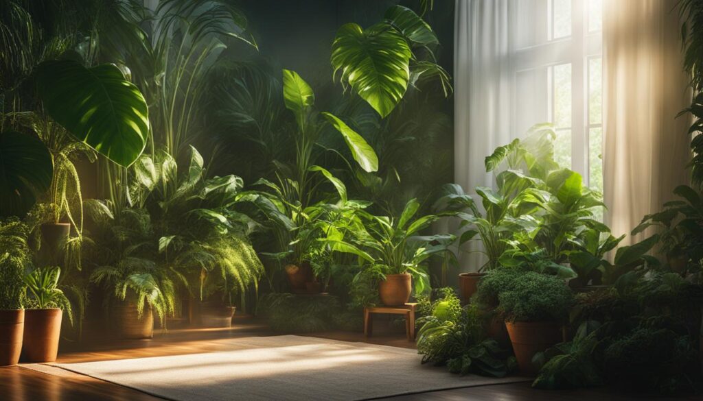 here is a wide variety of tropical plants displayed in a living room area.