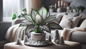 Dieffenbachia 'Tropic Snow' in a white dining room setting