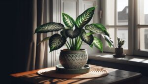 Dieffenbachia amoena in decorative pot as the sun shines into the window