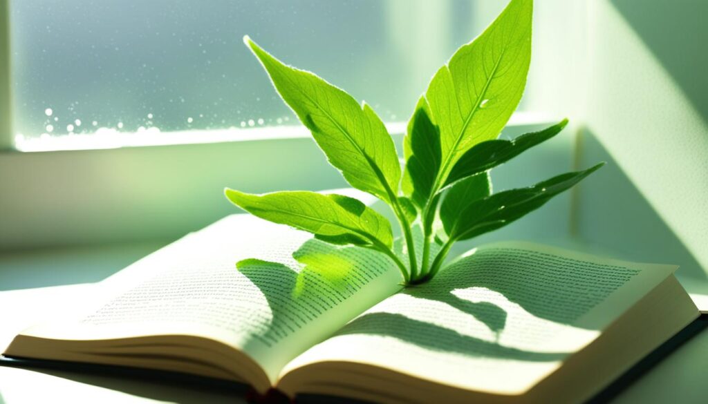 benefits of houseplants image that displays an image of a plant growing from a book to offer the idea of how plants help your mental health