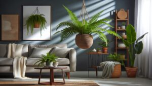 boston fern in hanging basket of living room