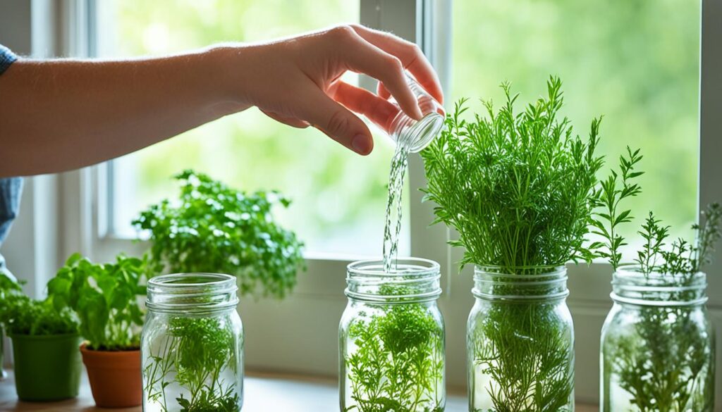 Watering mason jar herb garden