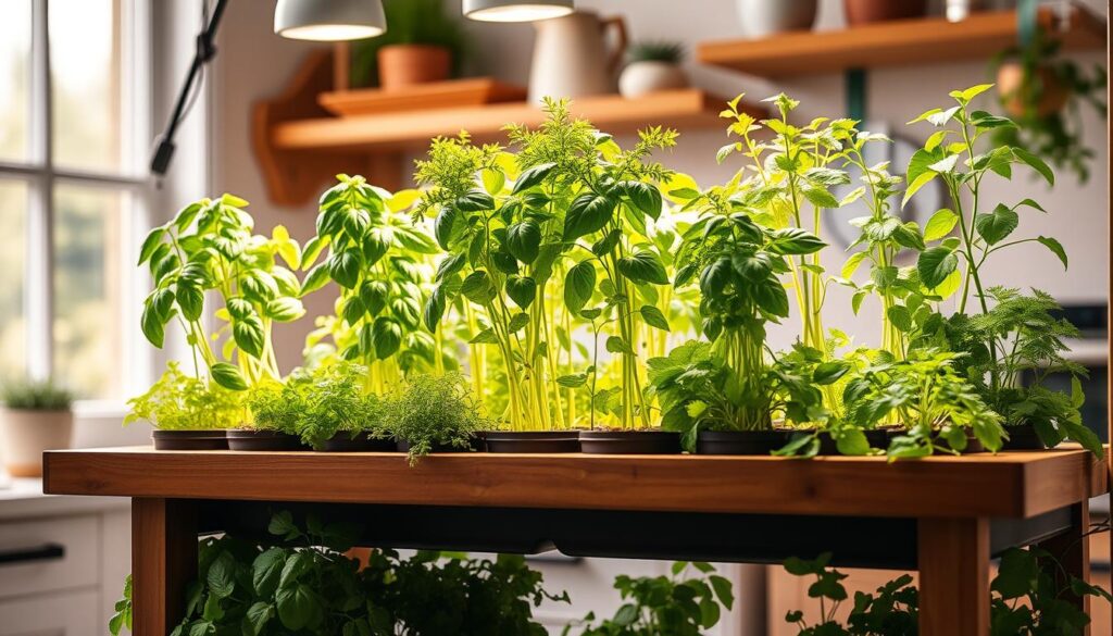 Indoor herb garden with grow lights