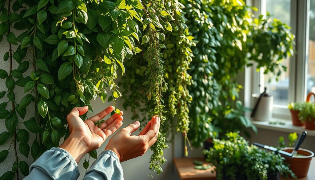 harvesting vertical indoor herb garden